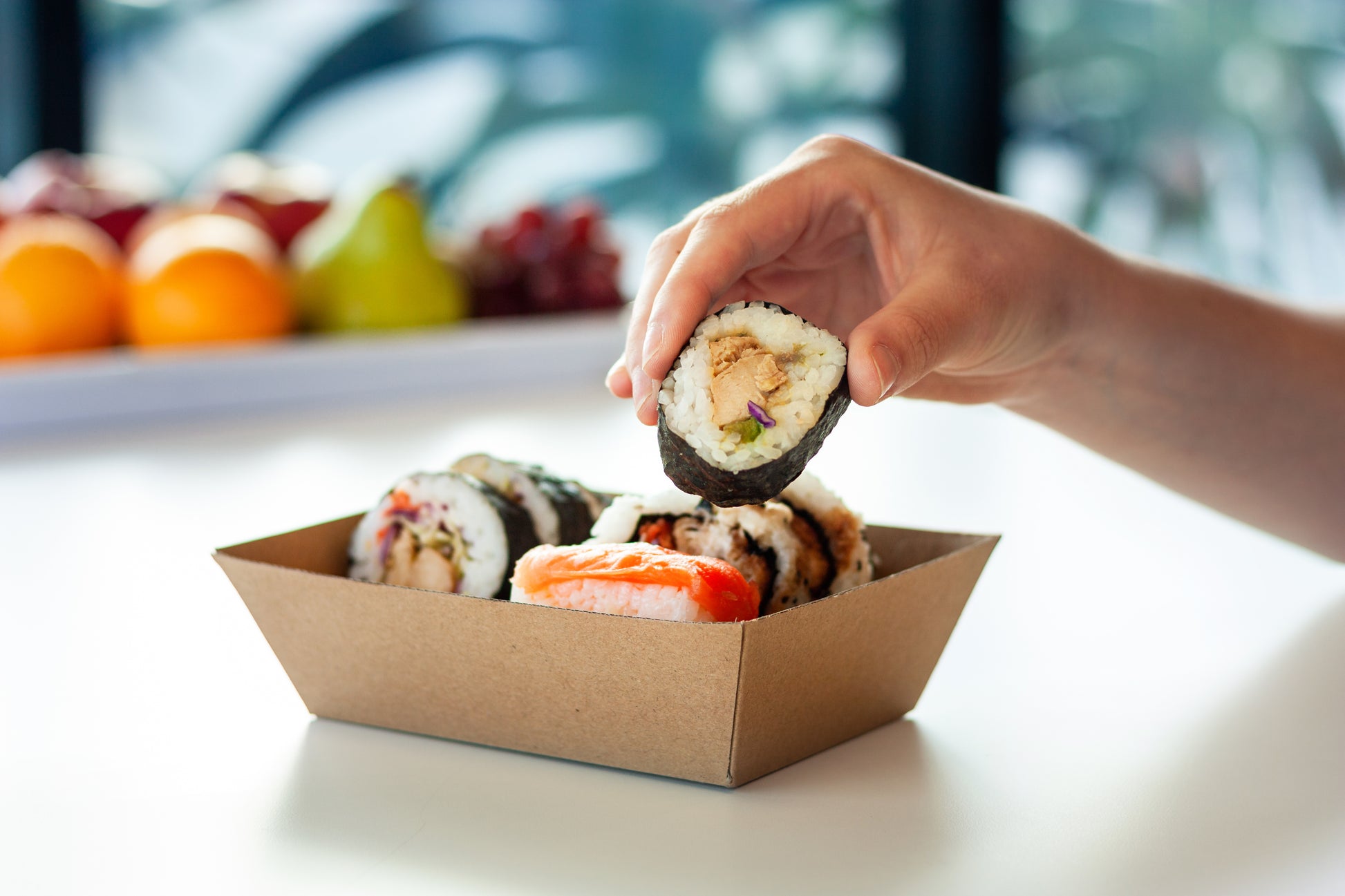 Sushi in a Corrugated Takeaway Tray