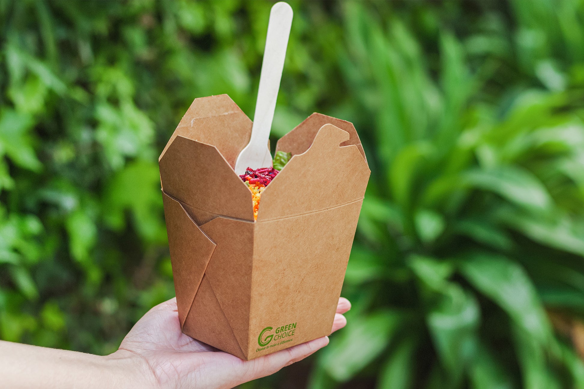 Wooden Fork Sitting in a Disposable Kraft Noodle box fill of Salad