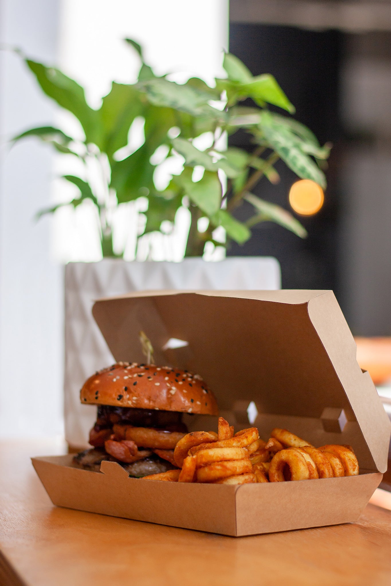 Burger and Curly Fries in a Corrugated Takeaway Box 